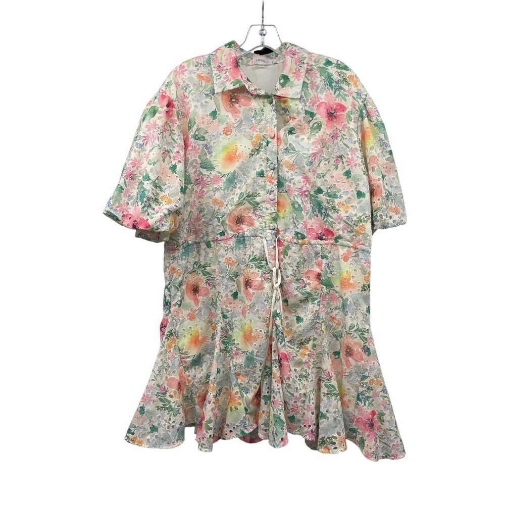 LOVELO Floral A-Line Dress Eyelet Lace Short Puff Sleeve Belted Size Large